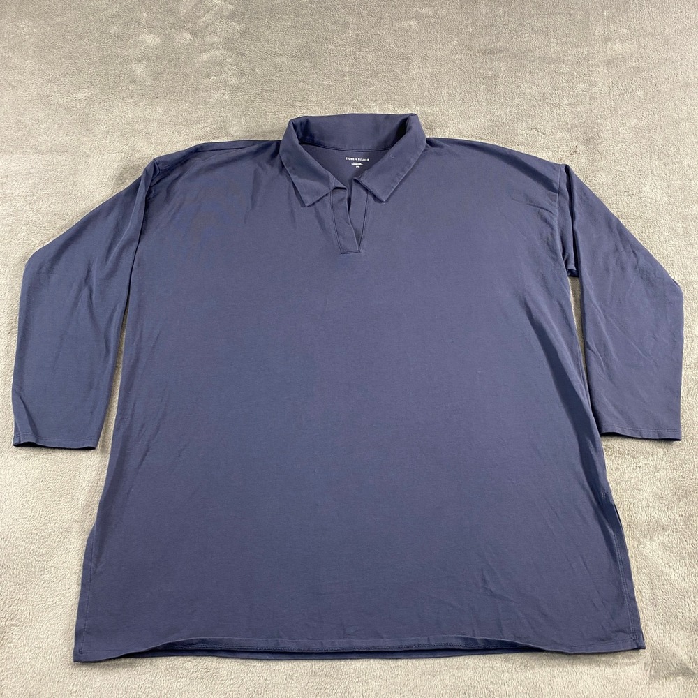 EILEEN FISHER Shirt Tunic‎ Top Womens L Long Sleeve Collared Knit Indigo